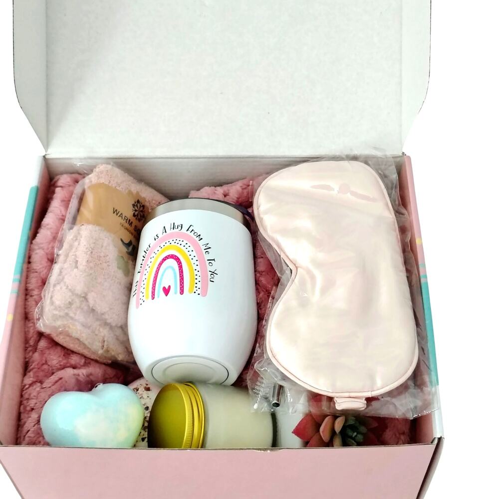 Pink Get Well Soon Gift Box Candle Blanket Tumbler Cup Socks Bath Bomb Self Care